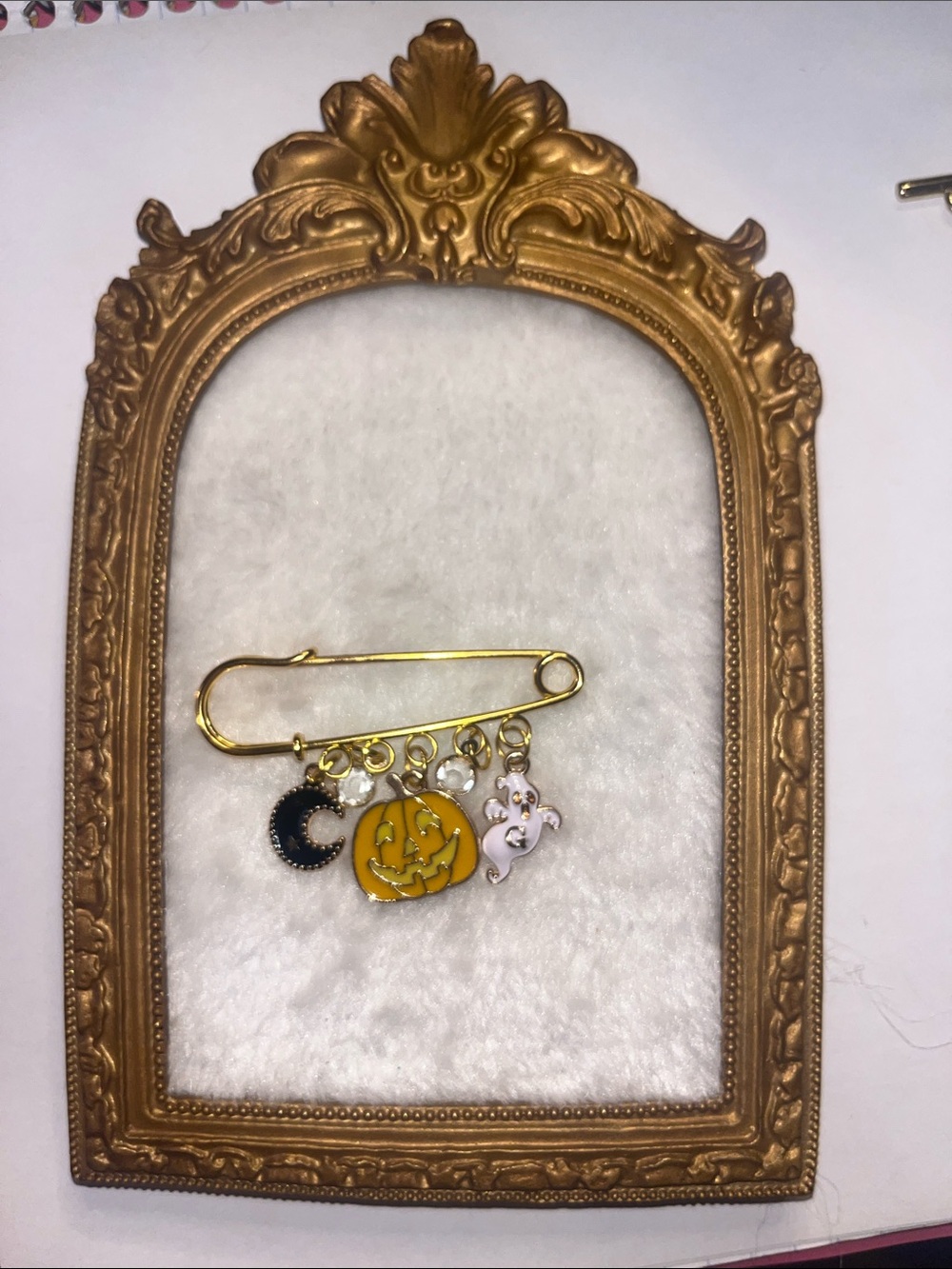 Halloween Charm Safety Pin Brooch - Gold with Pumpkin, Ghost & Moon Charms
